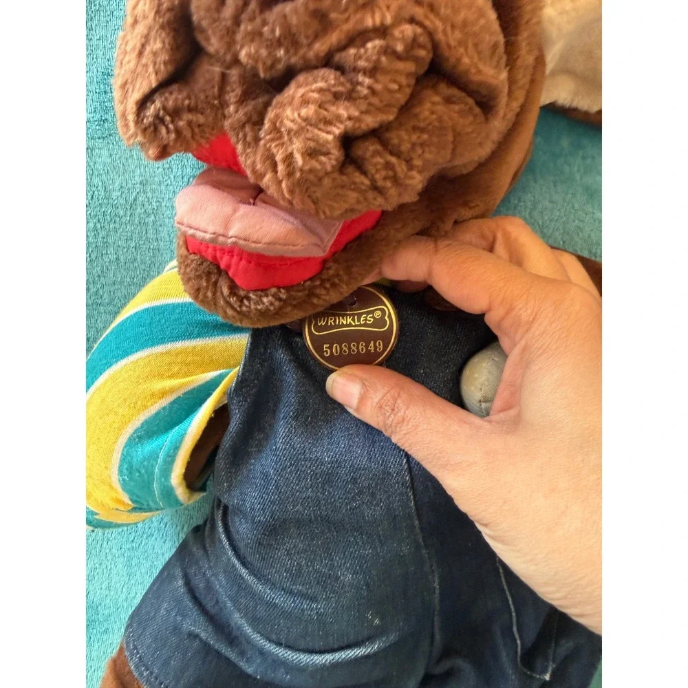 Vintage Ganz Wrinkles Dog Plush Hand Puppet Brown Denim Overalls 18 inch 5088649